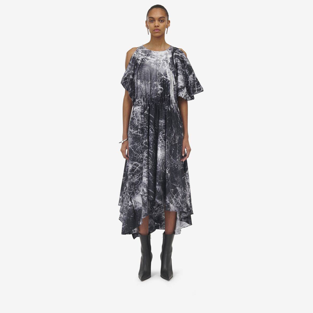 Alexander McQueen Women's Black Smashed Screen Asymmetric Dress - 12 (Silk)
